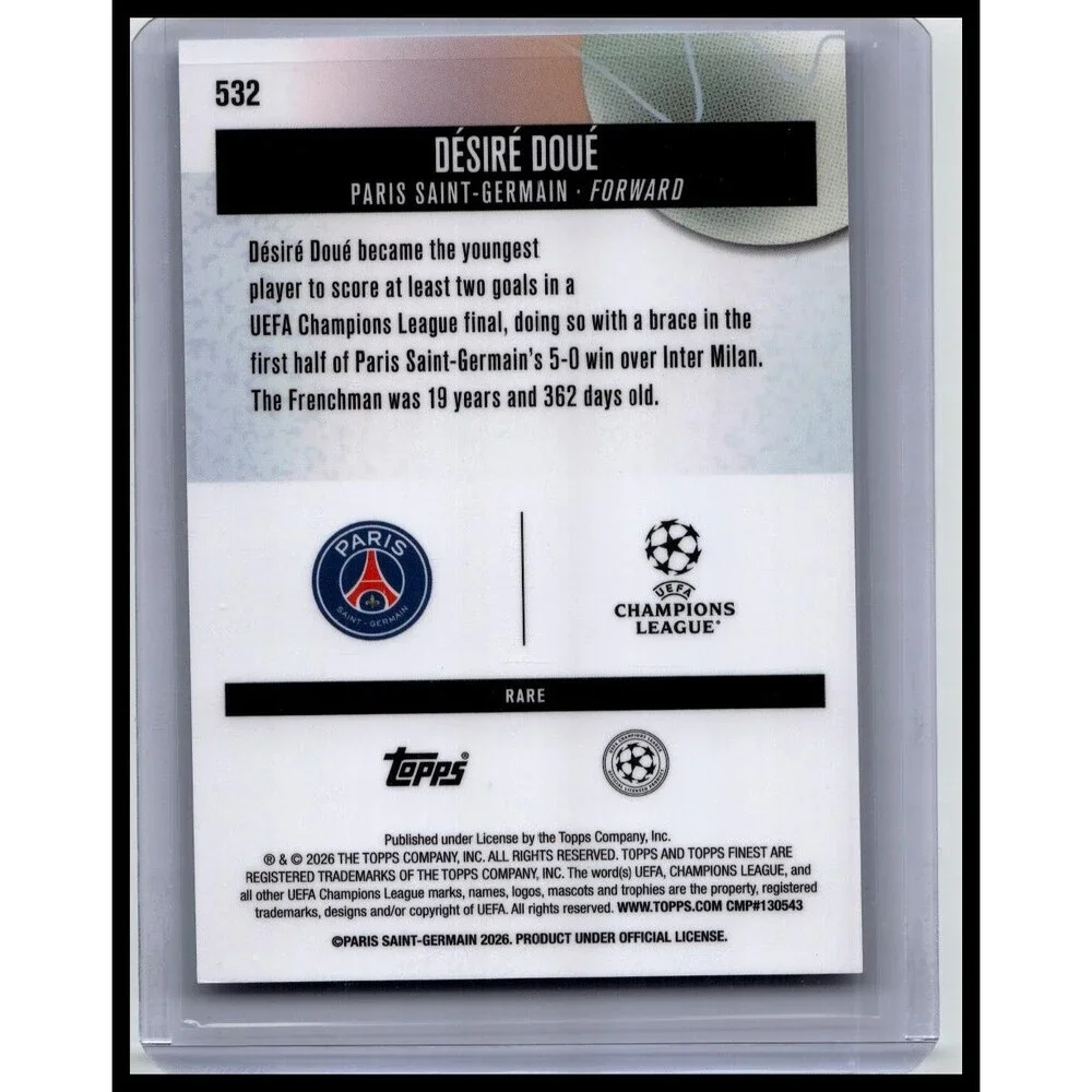 2025-26 Finest UEFA Désiré Doué #532 Paris Saint-Germain Blue Refractor #/99